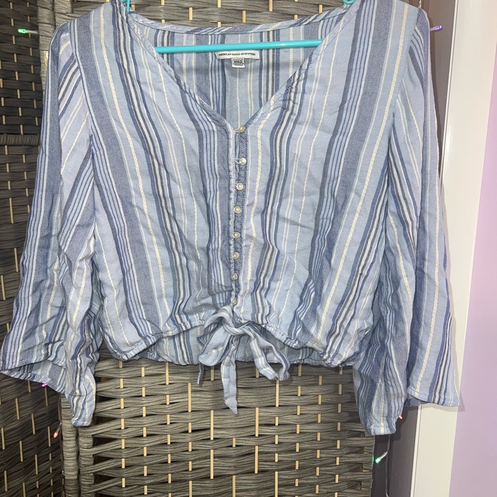 American Eagle Outfitters Light Blue Striped Tie-Front Blouse